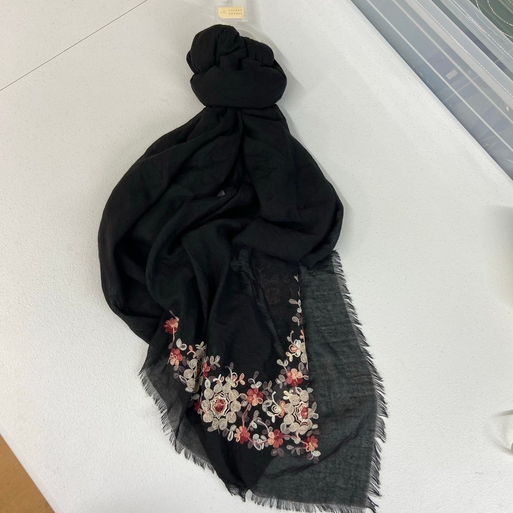 NEW Lauren Conrad women's black floral embroidered fringe lightweight wrap scarf